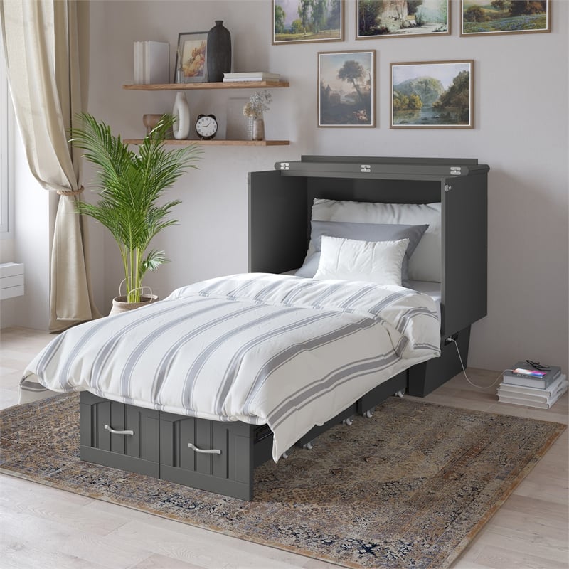 Nantucket Twin Wood Murphy Bed Chest with Mattress and Built-in Charger in Gray