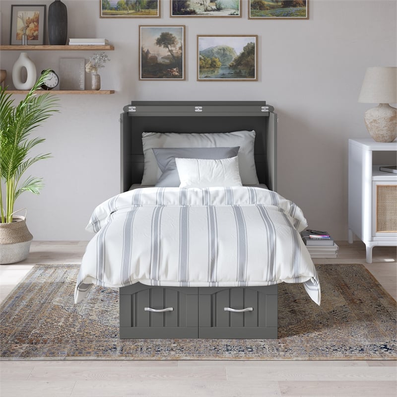 Nantucket Twin Wood Murphy Bed Chest with Mattress and Built-in Charger in Gray