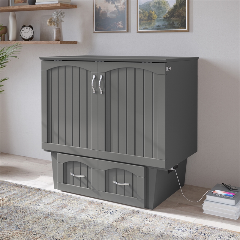 Nantucket Twin Wood Murphy Bed Chest with Mattress and Built-in Charger in Gray