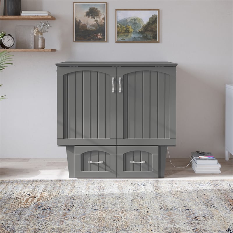 Nantucket Twin Wood Murphy Bed Chest with Mattress and Built-in Charger in Gray