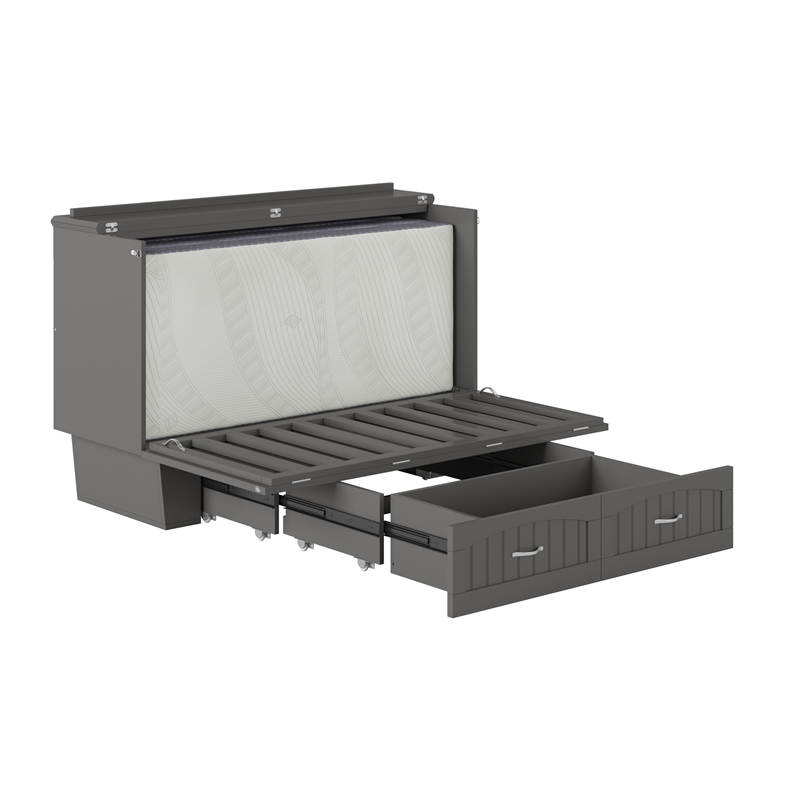 Nantucket Queen Wood Murphy Bed Chest with Mattress and Built-in Charger in Gray