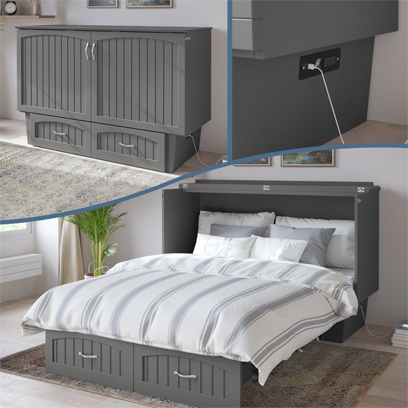 Nantucket Queen Wood Murphy Bed Chest with Mattress and Built-in Charger in Gray