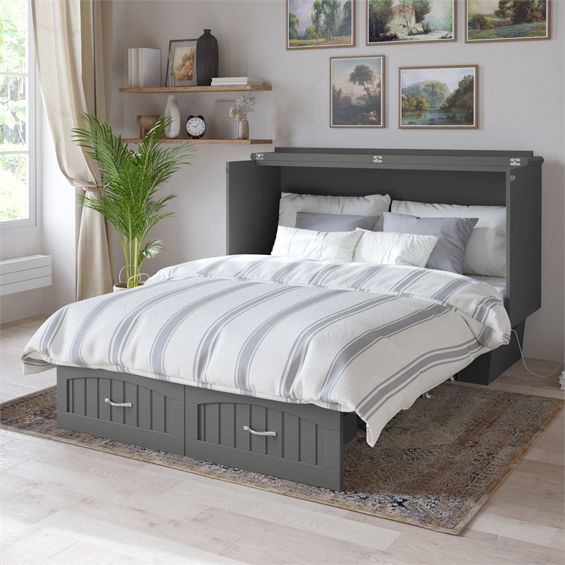 Nantucket Queen Wood Murphy Bed Chest with Mattress and Built-in Charger in Gray