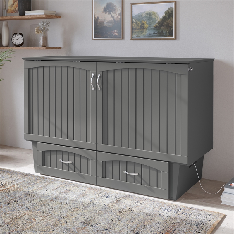Nantucket Queen Wood Murphy Bed Chest with Mattress and Built-in Charger in Gray