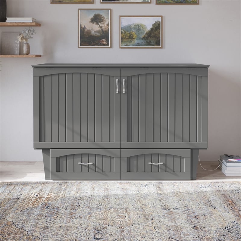 Nantucket Queen Wood Murphy Bed Chest with Mattress and Built-in Charger in Gray