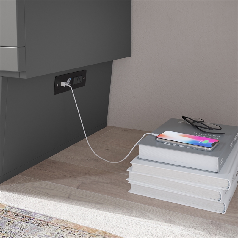 Nantucket Queen Wood Murphy Bed Chest with Mattress and Built-in Charger in Gray