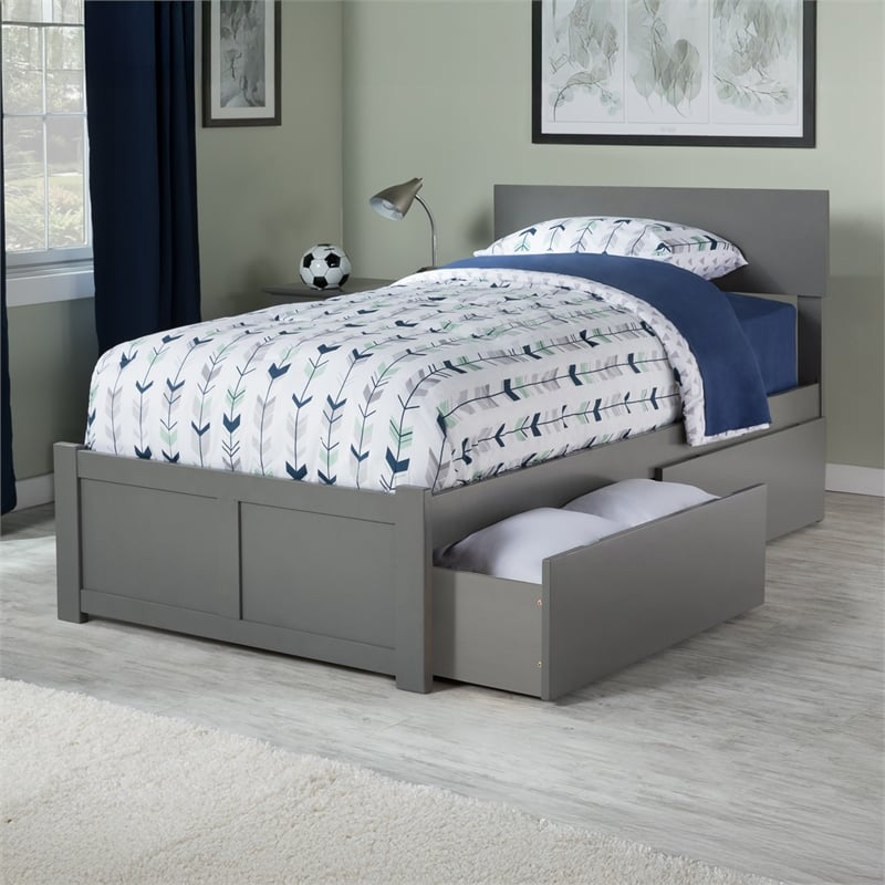 Orlando Twin XL Wood Platform Bed with Footboard and Storage Drawers in Grey