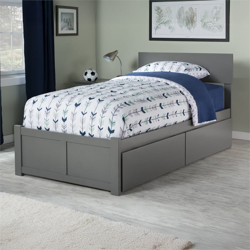 Orlando Twin XL Wood Platform Bed with Footboard and Storage Drawers in Grey