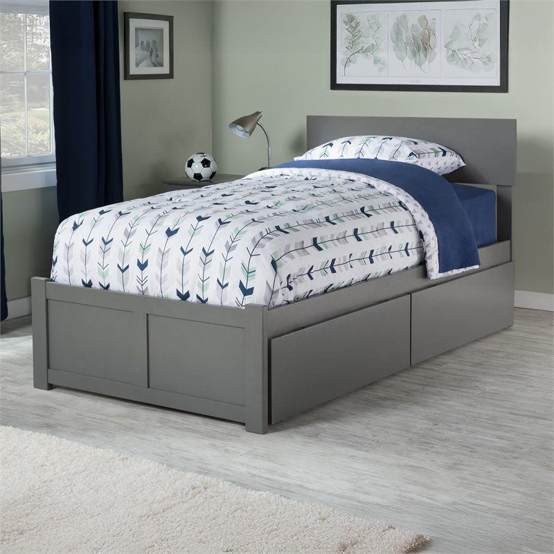 Orlando Twin Wood Platform Bed with Footboard and Storage Drawers in Grey