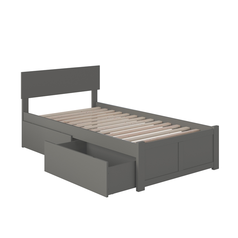 Orlando Twin Wood Platform Bed with Footboard and Storage Drawers in Grey