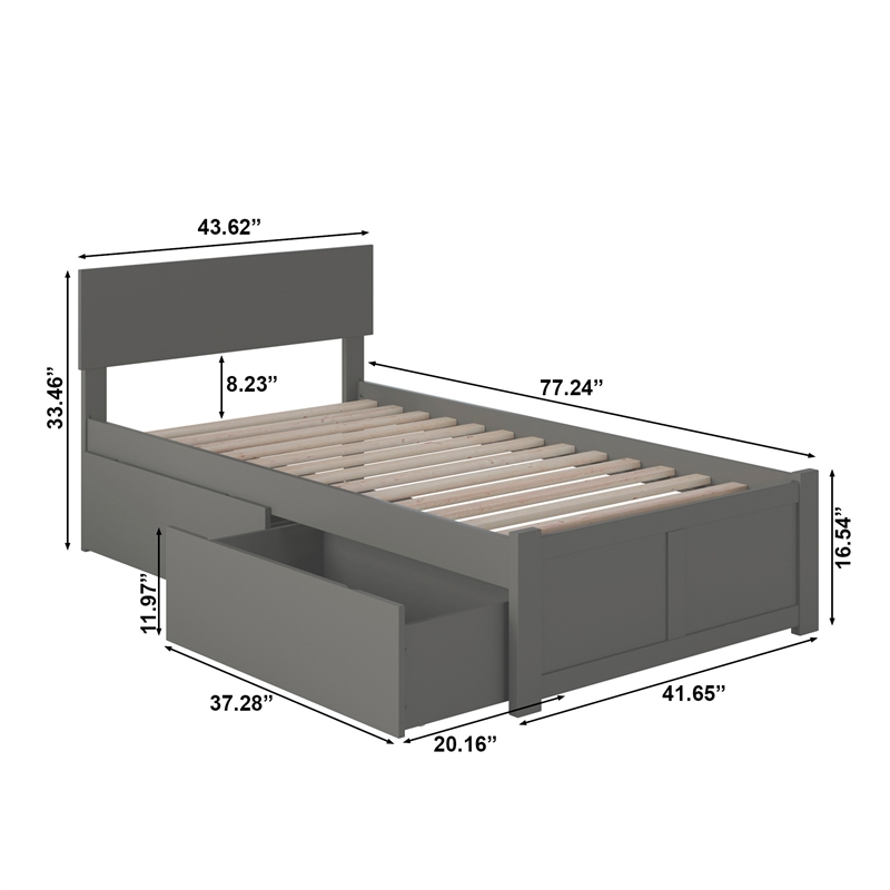 Orlando Twin Wood Platform Bed with Footboard and Storage Drawers in Grey