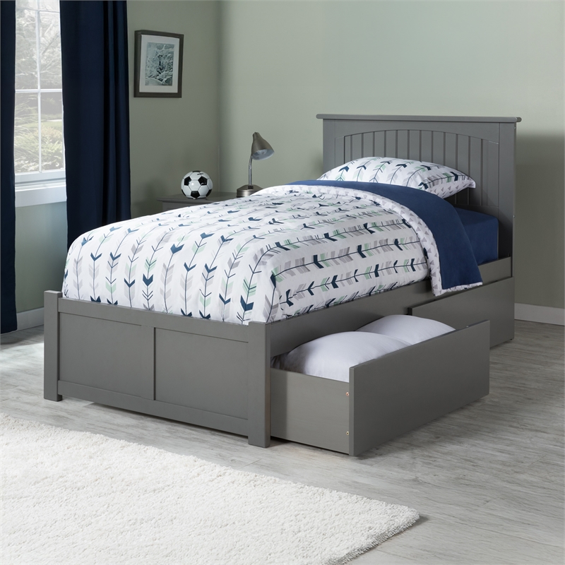 Nantucket Twin Wood Platform Bed with Footboard and Storage Drawers in Grey