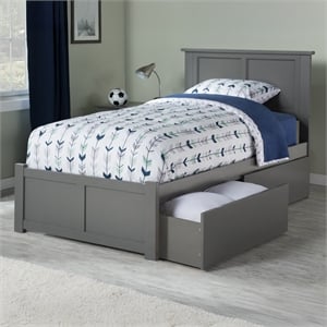 Madison Twin XL Wood Platform Bed with Footboard and Storage Drawers in Grey