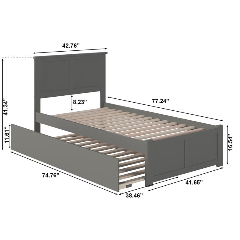 Madison Twin Wood Platform Bed with Footboard and Twin Trundle in Grey
