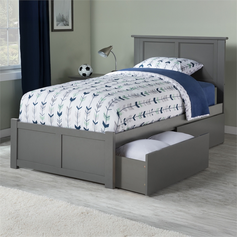 Madison Twin Wood Platform Bed with Footboard & Storage Drawers in Grey