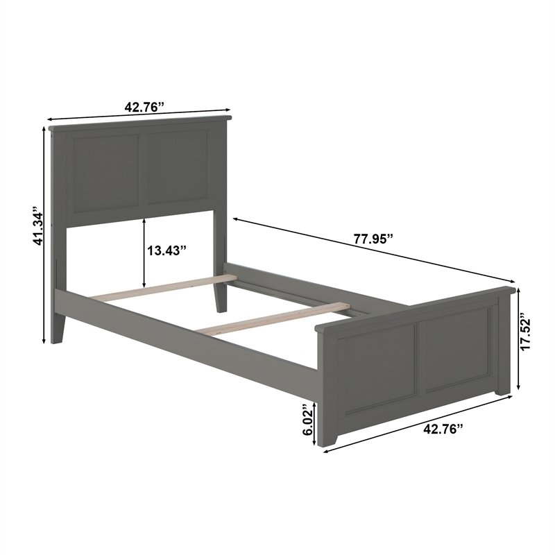 Madison Twin Wood Foundation Bed with Matching Footboard in Grey