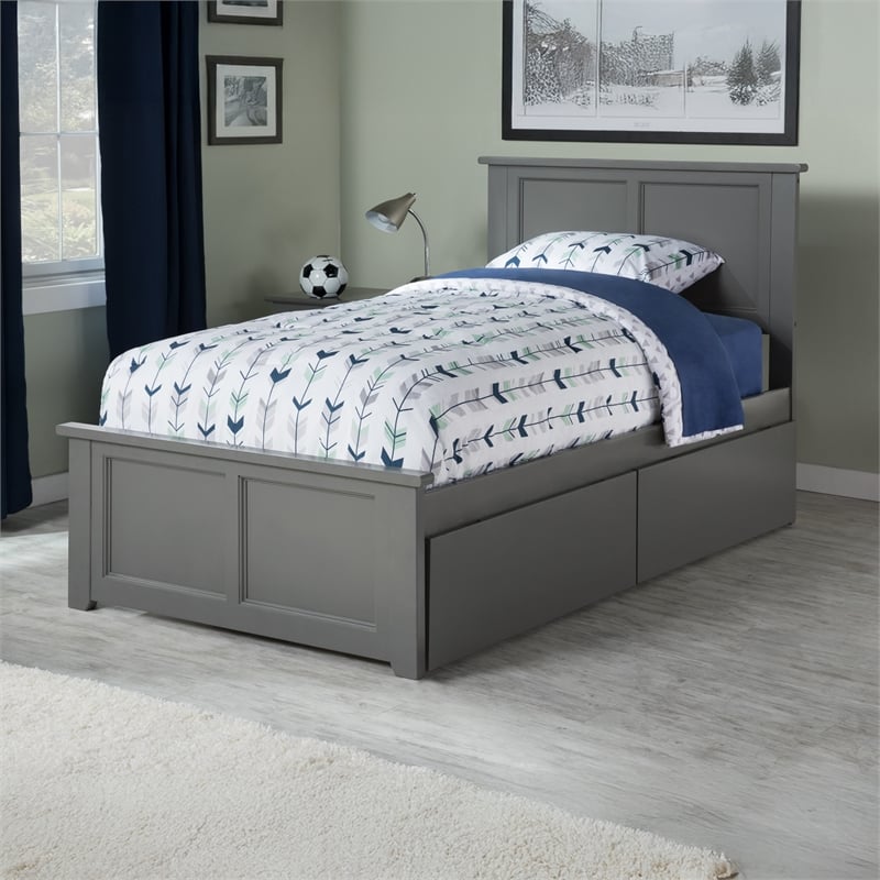 Madison Twin Platform Bed with Matching Footboard and Storage Drawers in Grey