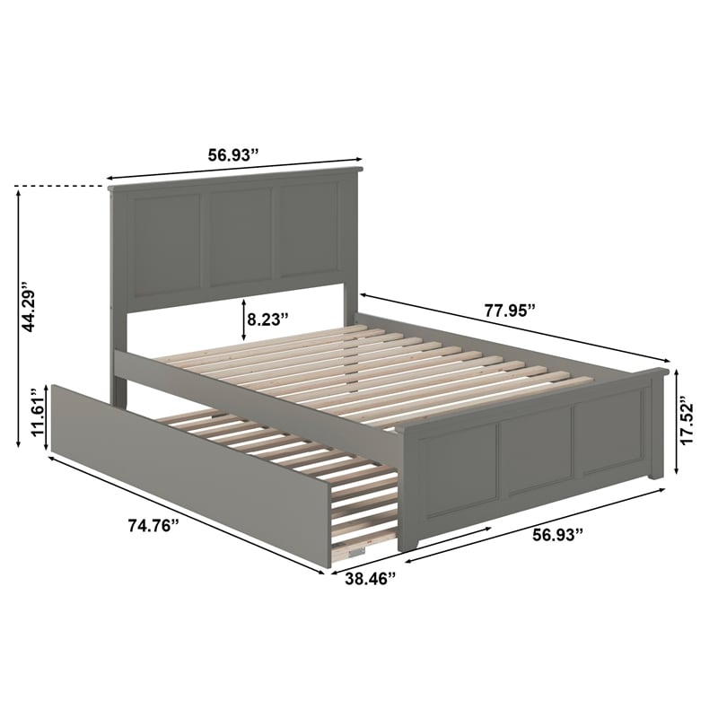 Madison Full Platform Bed with Matching Footboard and Twin Trundle in Grey