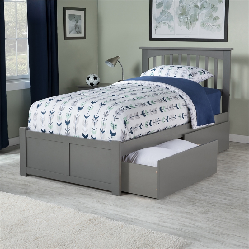 Mission Twin Wood Platform Bed with Footboard and Storage Drawers in Grey