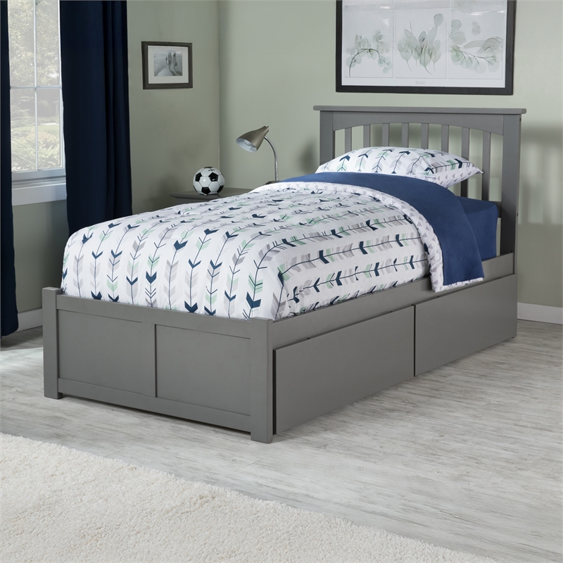 Mission Twin Wood Platform Bed with Footboard and Storage Drawers in Grey