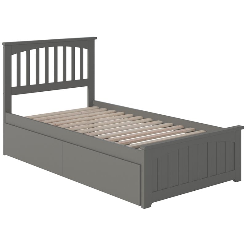 Mission Twin Wood Platform Bed with Matching Footboard & Storage Drawers in Grey