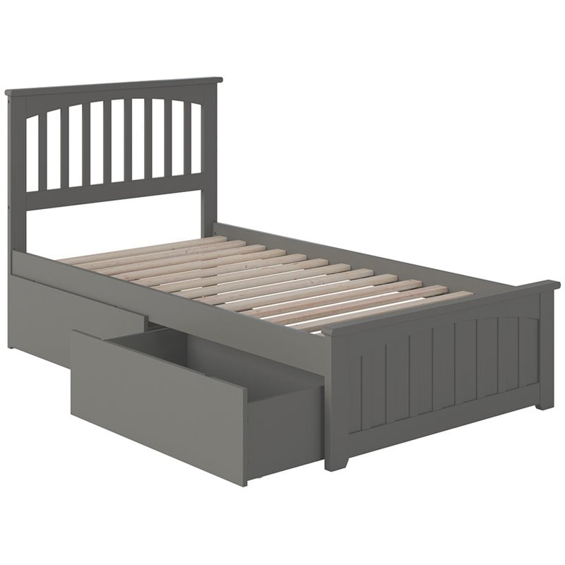 Mission Twin Wood Platform Bed with Matching Footboard & Storage Drawers in Grey