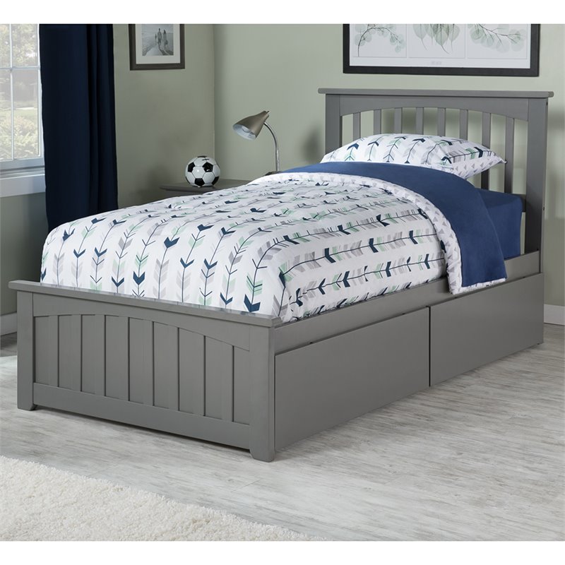 Mission Twin Wood Platform Bed with Matching Footboard & Storage Drawers in Grey