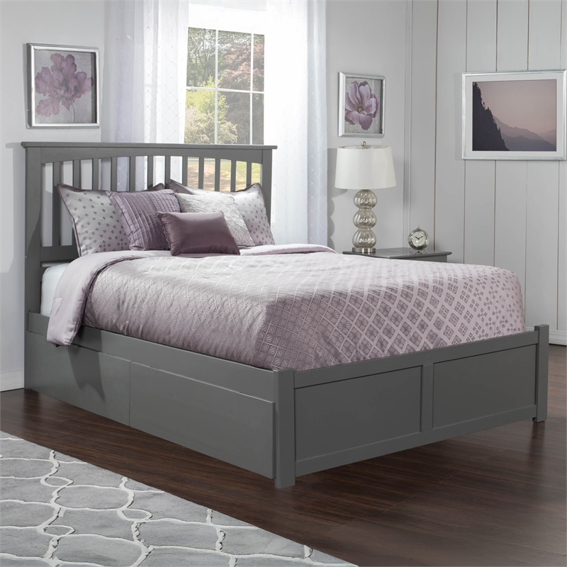 Mission Queen Wood Platform Bed with Footboard and Storage Drawers in Grey