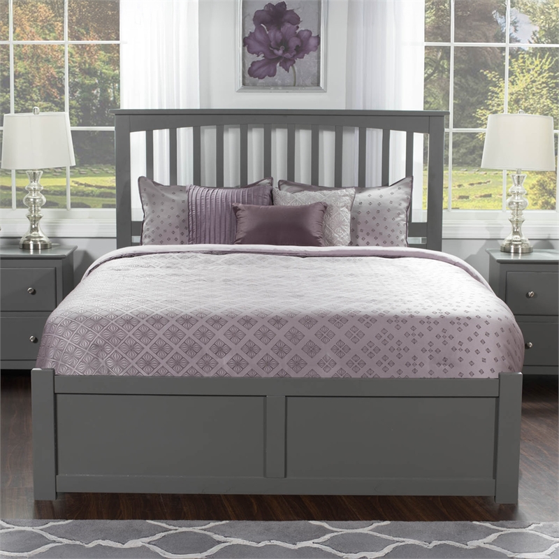 Mission Queen Wood Platform Bed with Footboard and Storage Drawers in Grey