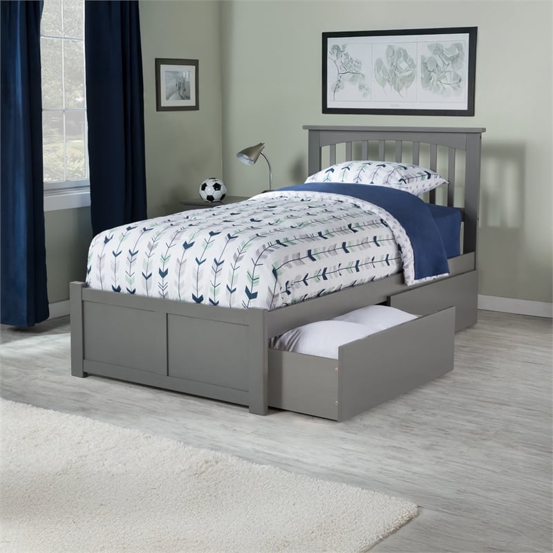 Mission Twin XL Wood Platform Bed with Footboard and Storage Drawers in Grey