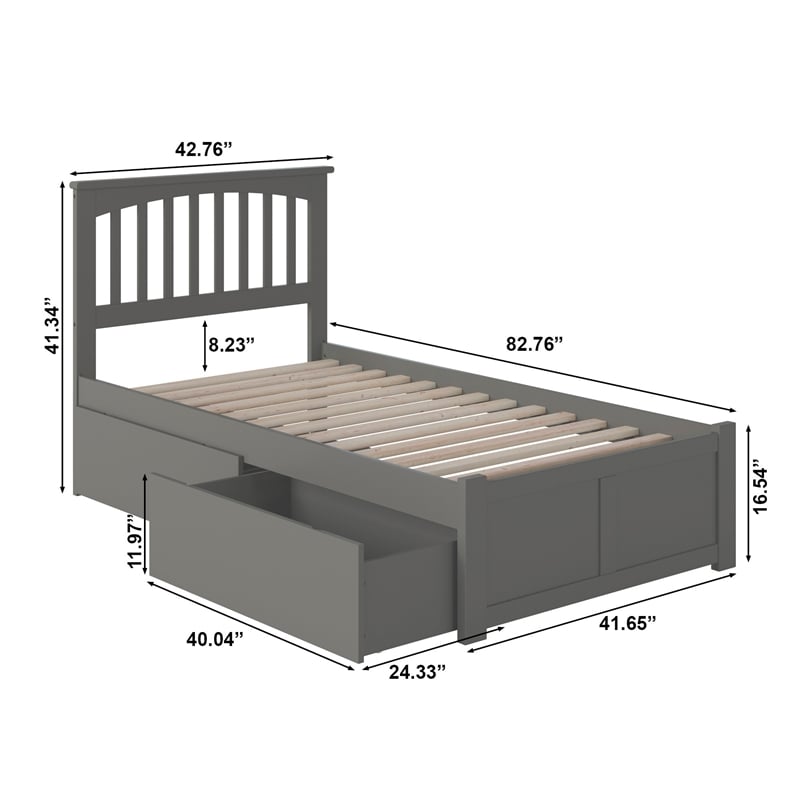 Mission Twin XL Wood Platform Bed with Footboard and Storage Drawers in Grey