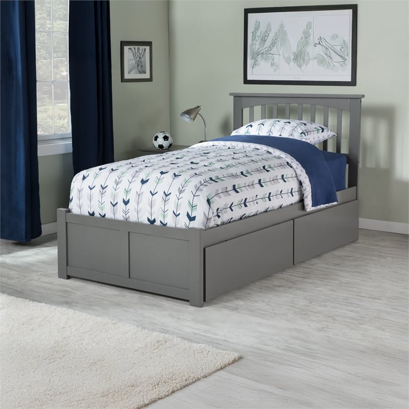 Mission Twin XL Wood Platform Bed with Footboard and Storage Drawers in Grey