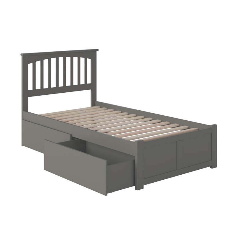 Mission Twin XL Wood Platform Bed with Footboard and Storage Drawers in Grey