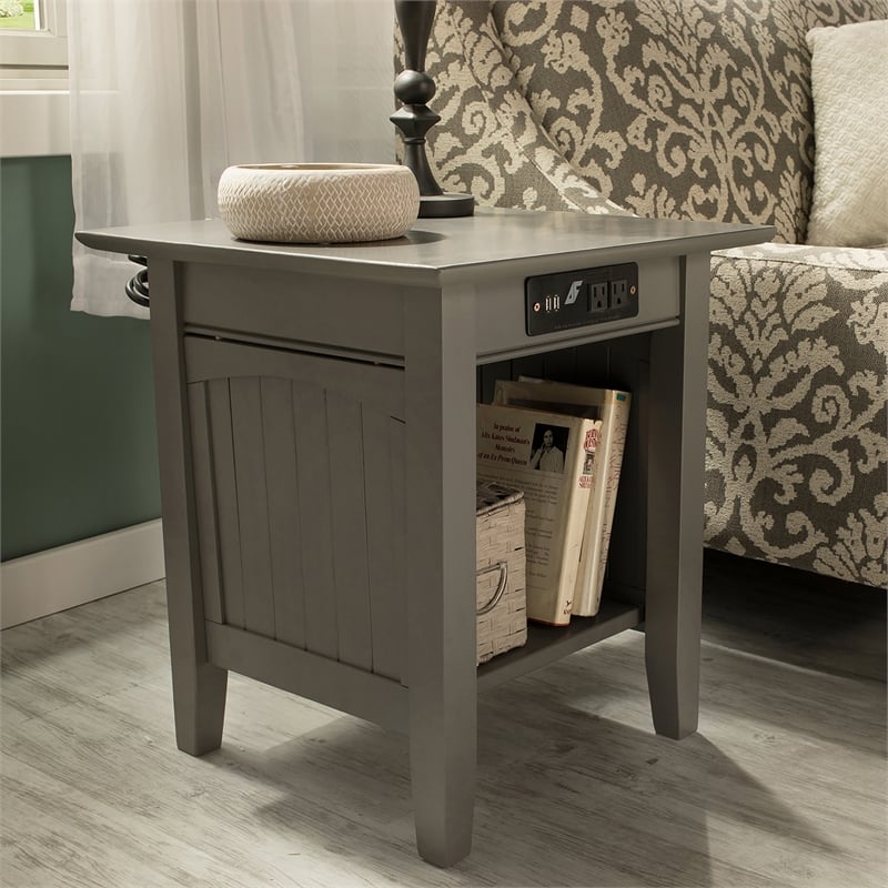 AFI Nantucket Solid Wood End Table with Built In Device Charger in Gray