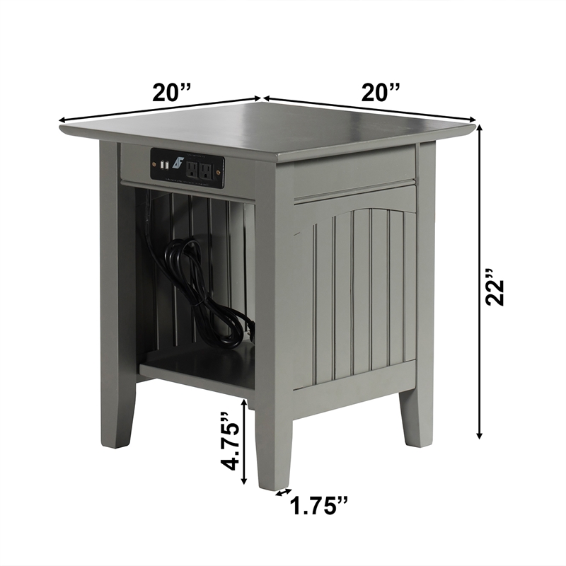 AFI Nantucket Solid Wood End Table with Built In Device Charger in Gray