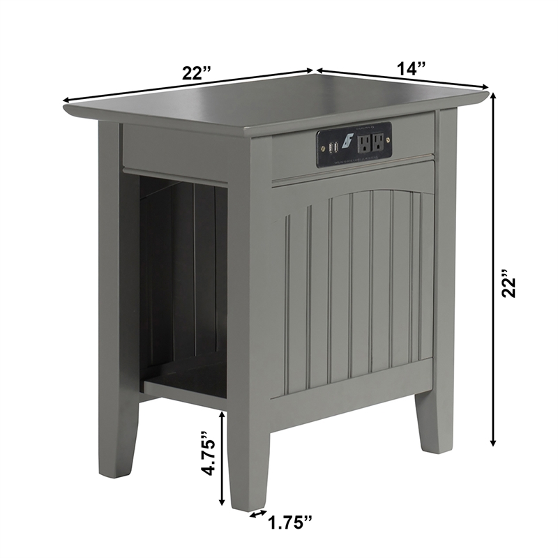 AFI Nantucket Solid Wood Chair Side Table with Device Charger in Gray
