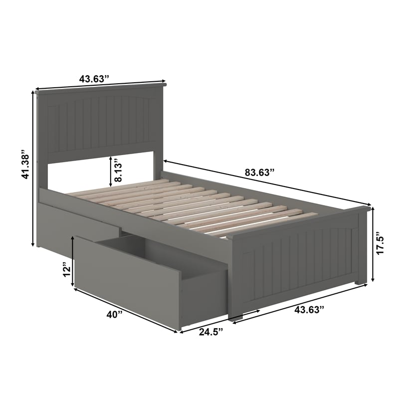 Nantucket Twin XL Wood Platform Bed with Matching Footboard & Drawers in Grey