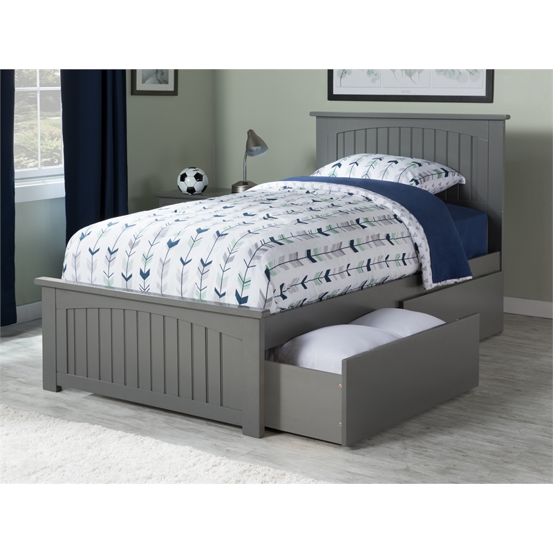 Nantucket Twin XL Wood Platform Bed with Matching Footboard & Drawers in Grey