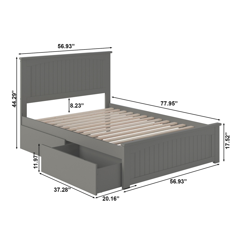 Nantucket Full Wood Platform Bed with Matching Footboard and Drawers in Grey