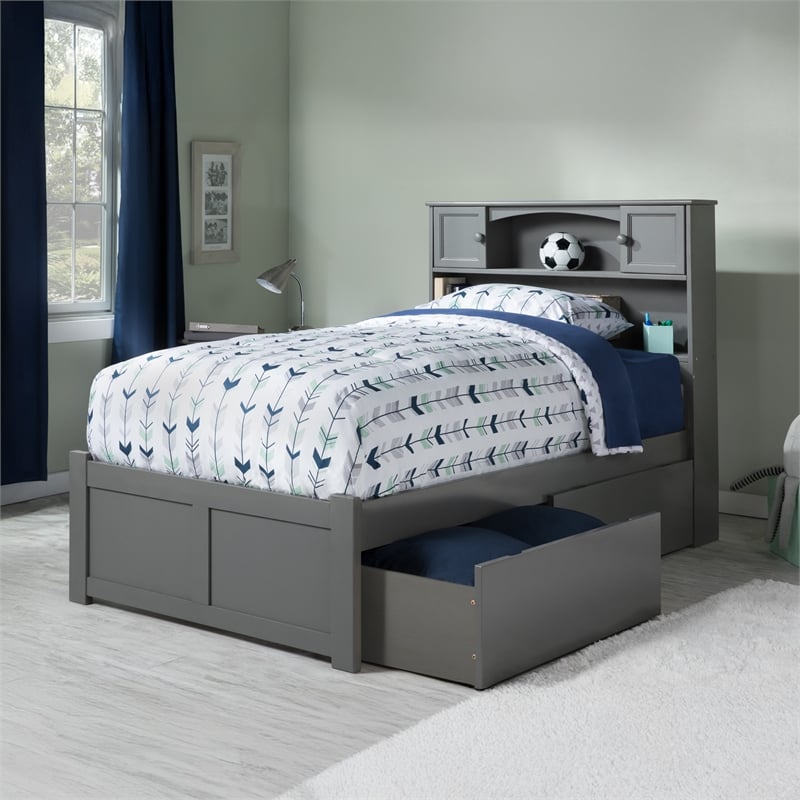 AFI Newport Twin XL Solid Wood Bed with Storage Drawers in Grey