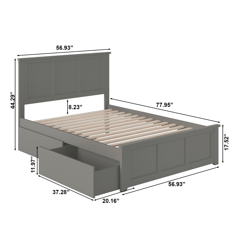 Madison Full Platform Bed with Matching Footboard and Storage Drawers in Grey