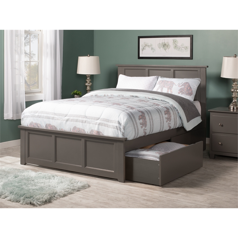 Madison Full Platform Bed with Matching Footboard and Storage Drawers in Grey
