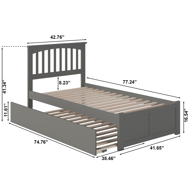 Mission Twin Wood Platform Bed with Footboard and Twin Trundle in Grey