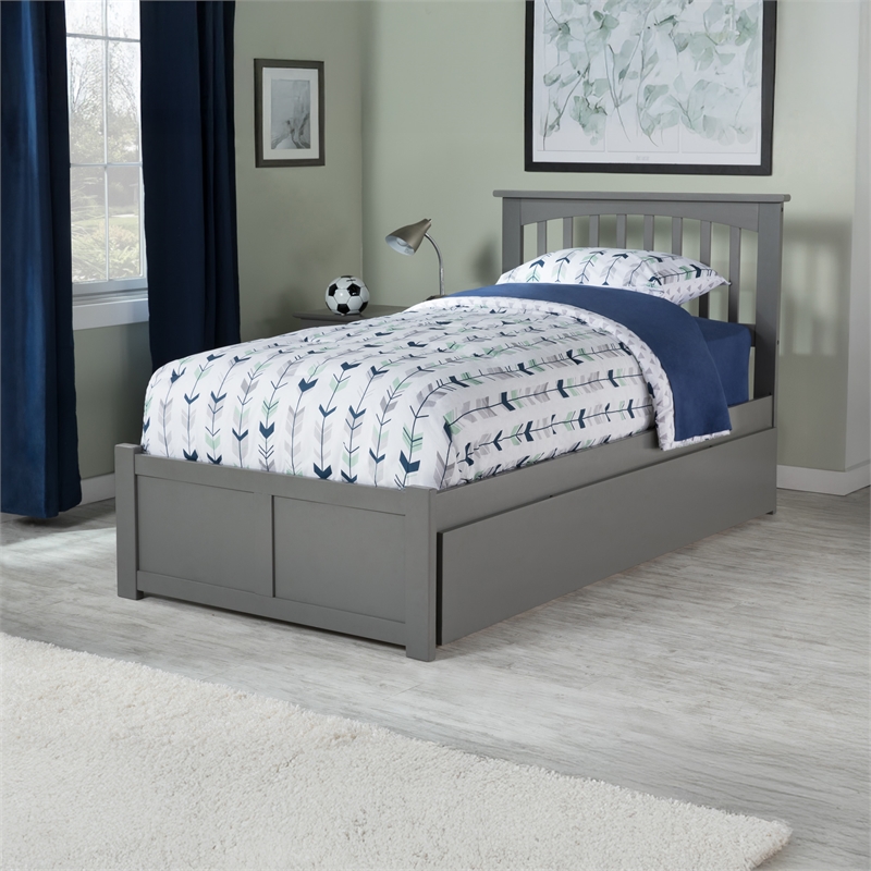 Mission Twin Wood Platform Bed with Footboard and Twin Trundle in Grey