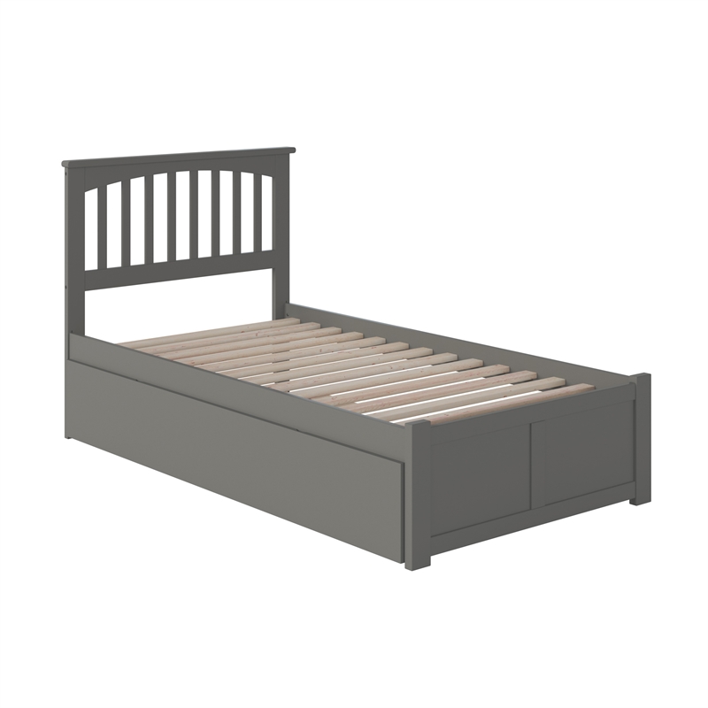 Mission Twin Wood Platform Bed with Footboard and Twin Trundle in Grey
