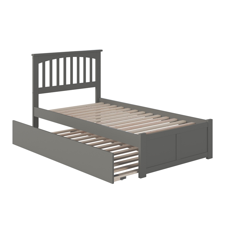 Mission Twin Wood Platform Bed with Footboard and Twin Trundle in Grey