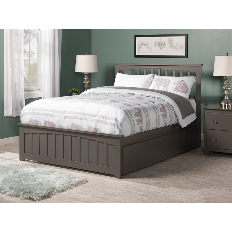 Mission Full Wood Platform Bed with Matching Footboard & Storage Drawers in Grey