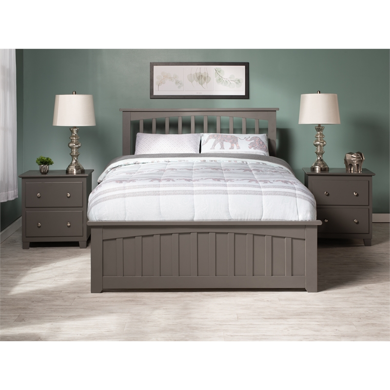 Mission Full Wood Platform Bed with Matching Footboard & Storage Drawers in Grey