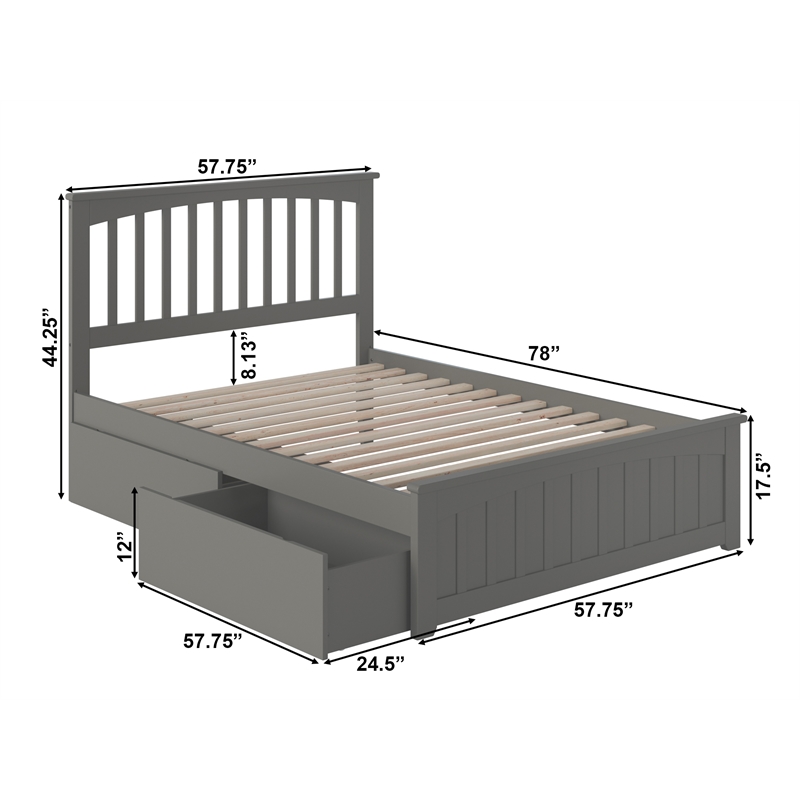 Mission Full Wood Platform Bed with Matching Footboard & Storage Drawers in Grey