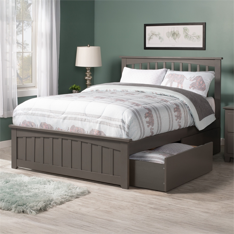 Mission Full Wood Platform Bed with Matching Footboard & Storage Drawers in Grey